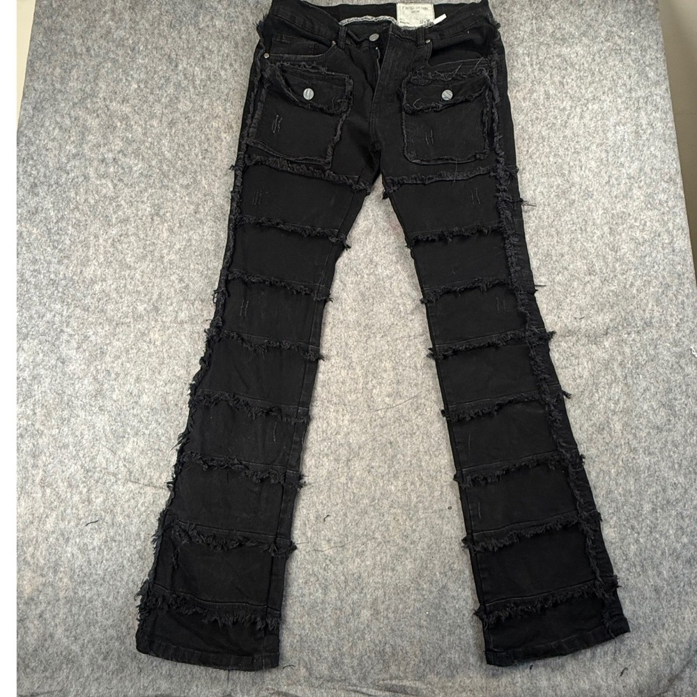 FWRD Denim Jeans Mens 32x36 Black Cotton Stacked Fringe Cargo Streetwear Grunge